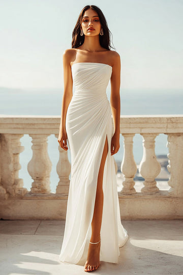 Strapless Ivory Sheath Engagement Dress with Slit